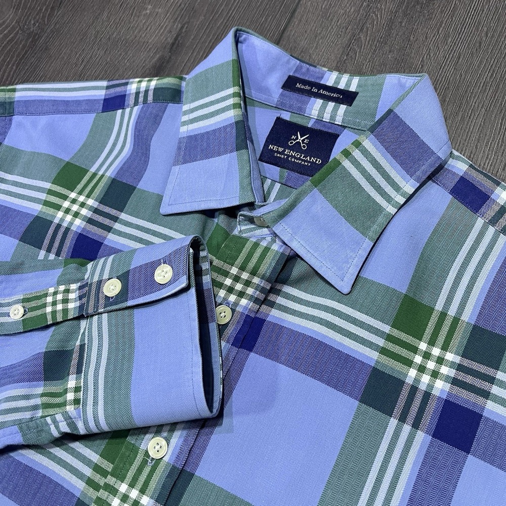 New England‎ Shirt Company Shirt Mens Large Blue Green Plaid Made In USA L/S